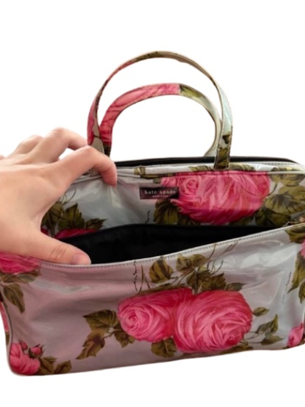 Rare Vintage Y2K Kate Spade Blue Pink Cabbage Rose Sam Toiletry Cosmetic Bag - Picture 5 of 9